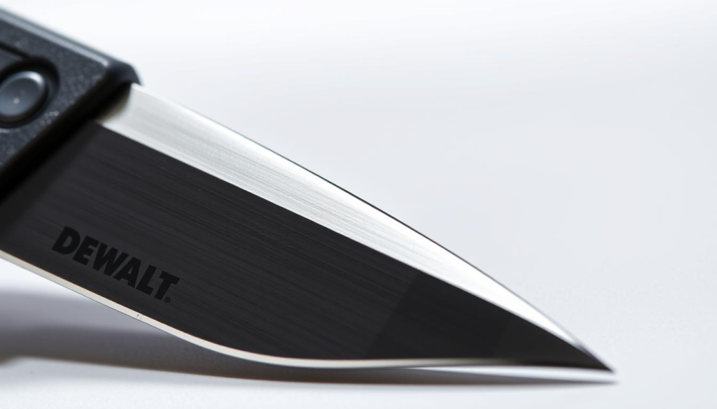 A well-lit, high-resolution close-up shot of a DEWALT utility knife blade replacement, showing the sharp, shiny metal edge and the serrated teeth in vivid detail. The blade is positioned diagonally, with a slight angle to reveal its intricate structure. The background is a clean, neutral surface, allowing the blade to be the focal point. The lighting is bright and directional, creating distinct shadows that accentuate the blade's contours and highlights its precision engineering. The overall mood is one of quality, functionality, and the importance of maintaining sharp, reliable tools.