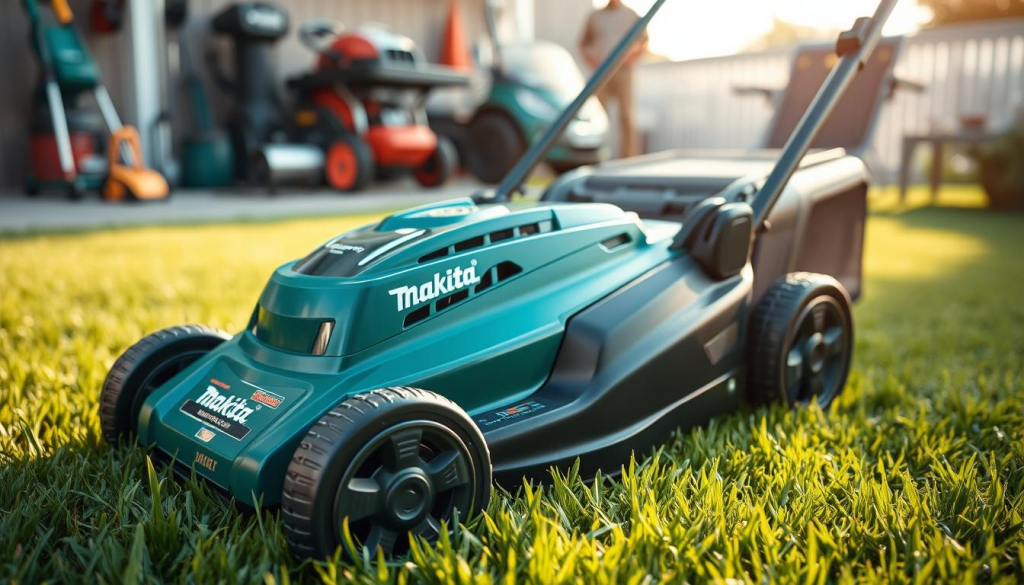 A well-lit, high-resolution close-up shot of a Makita cordless lawn mower, its sleek green and black body gleaming. The mower is positioned on a lush, neatly trimmed lawn, with a blurred background of other garden tools and outdoor furniture. The image conveys a sense of quality, reliability, and customer satisfaction, reflecting the positive reviews and testimonials mentioned in the article. The lighting is warm and natural, highlighting the mower's sturdy construction and attention to detail. The angle is slightly elevated, giving a commanding view of the machine and the surrounding environment.