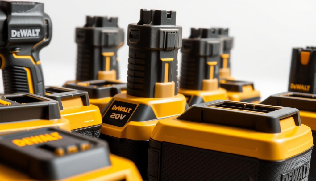 A well-lit, high-resolution close-up shot of a collection of DeWalt 20V battery packs, showcasing their distinctive black and yellow design. The batteries are arranged in the foreground, with a clean, minimal background that emphasizes their technical features. Soft, directional lighting highlights the textured surfaces and the DeWalt logo, creating a sleek, professional look. The image conveys the power and reliability of these batteries, hinting at their compatibility with a range of DeWalt power tools.