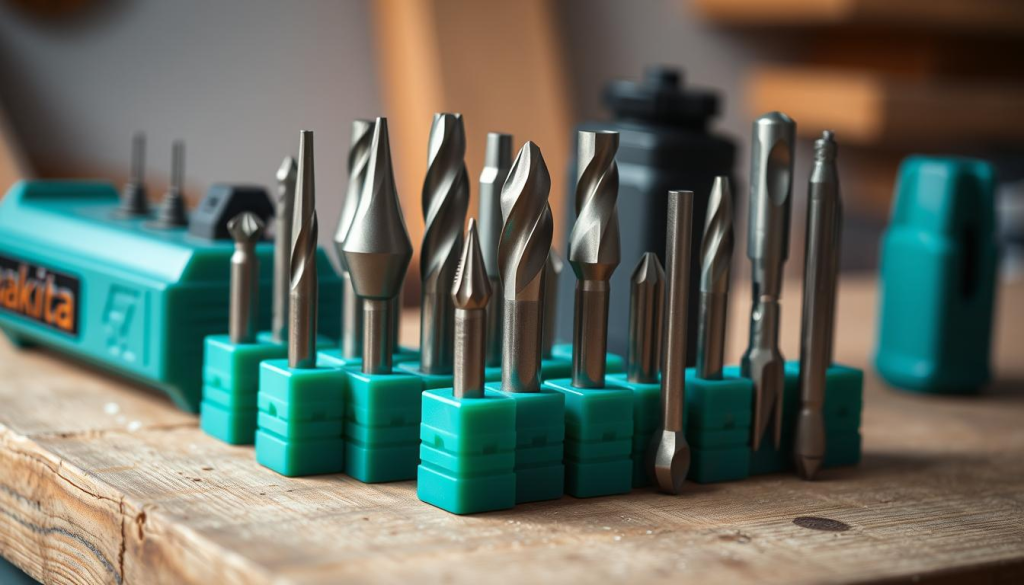 A well-lit, high-resolution close-up shot of a set of Makita router bits, arranged neatly on a wooden workbench. The bits are in various sizes, shapes, and designs, showcasing the comprehensive compatibility of the Makita RT0701C compact router. The lighting is soft and diffused, highlighting the intricate details and textures of the metal bits. The background is slightly blurred, focusing the viewer's attention on the router bits in the foreground. The overall mood is one of precision, quality, and the joy of woodworking.