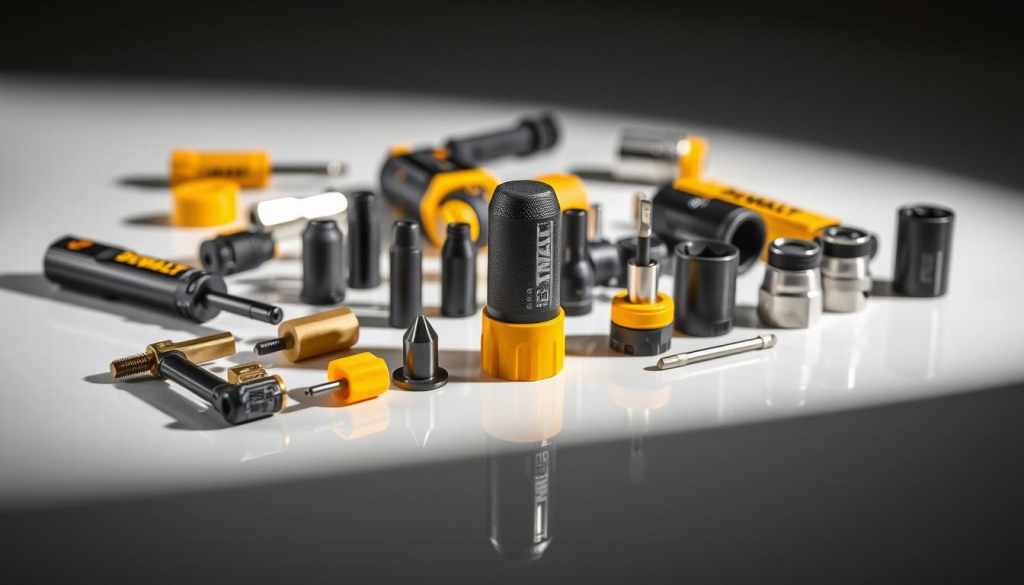 A well-lit, high-resolution close-up shot of an assortment of DEWALT Zip Tool accessories, including a bit holder, screwdriver tips, sockets, and adapters, neatly arranged on a clean, reflective surface. The accessories are in shades of black, yellow, and silver, creating a sleek, professional appearance. The lighting is soft and diffused, highlighting the intricate details and textures of the tools. The composition is balanced and symmetrical, drawing the viewer's eye to the center of the frame, showcasing the versatility and functionality of the Zip Tool's accessory ecosystem.