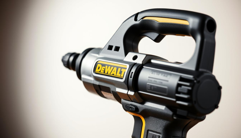 A well-lit, high-resolution close-up shot of the DEWALT 961 power tool, showcasing its sleek and sturdy construction. The tool is presented against a clean, neutral background, allowing the viewer to focus on its design details. Emphasize the ergonomic handle, the metal housing, and the array of buttons and controls, conveying a sense of power and precision. Capture the tool from a slightly angled perspective, highlighting its depth and dimensions. The lighting should be soft and diffused, creating gentle shadows and highlights that accentuate the tool's form and texture. The overall mood should be professional, highlighting the DEWALT 961's quality and reliability.