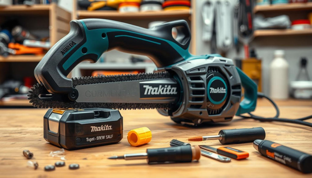 A well-lit, high-resolution close-up view of a Makita cordless reciprocating saw being serviced. The foreground shows the saw's body with the battery removed, revealing the inner mechanisms. The middle ground showcases the various maintenance tools laid out, including a screwdriver, brush, and lubricating oil. The background depicts a clean, organized workshop setting with shelves of tools and supplies. The image conveys a sense of precision, attention to detail, and a dedication to properly maintaining this essential power tool.