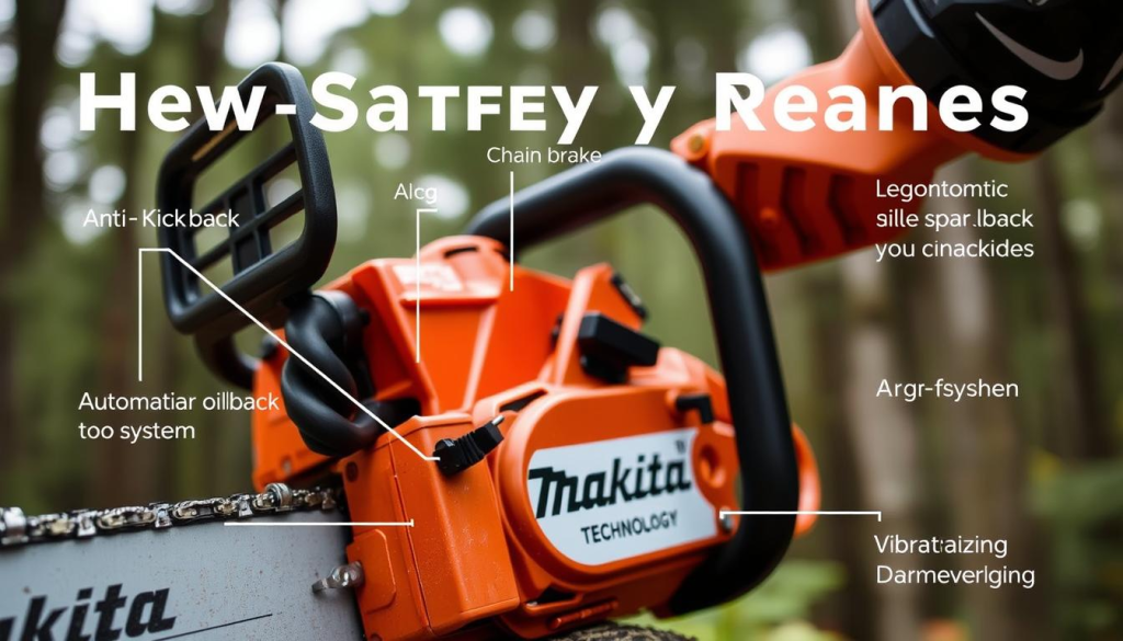A well-lit, high-resolution close-up view of the key safety features on a Makita chainsaw. The foreground showcases the chain brake, anti-kickback technology, and ergonomic handle design in crisp detail. The middle ground reveals the automatic oiling system and vibration-dampening features. The background features a blurred forest backdrop, emphasizing the saw's rugged outdoor capabilities. The lighting is bright and even, creating a sense of clarity and professionalism. The camera angle is slightly elevated, providing an authoritative perspective on the innovative safety engineering of this Makita power tool.