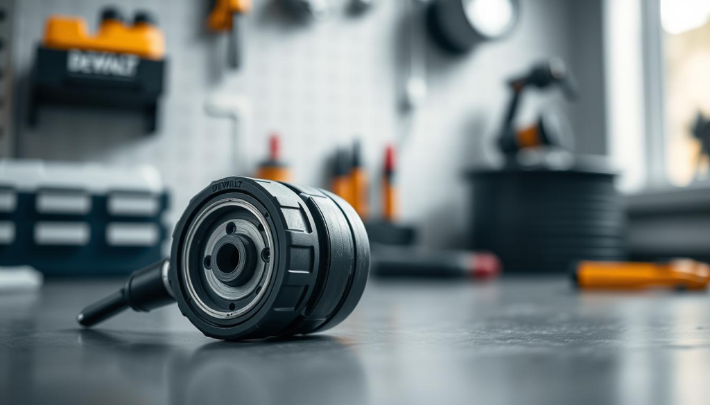 A well-lit, high-resolution closeup of a DEWALT Quickload replacement spool head, resting on a clean, neatly organized workbench. The spool head is in focus, showcasing its intricate mechanical components and smooth, ergonomic design. The background is slightly blurred, creating a sense of depth and drawing the viewer's attention to the central subject. Soft, diffused lighting illuminates the spool head from the side, highlighting its textures and details. The scene conveys a sense of precision, care, and the importance of proper maintenance for this essential power tool accessory.