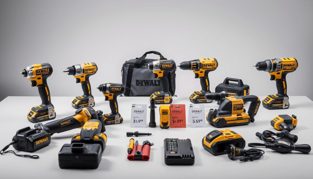 A well-lit, high-resolution comparison of DEWALT tool prices, showcasing a selection of power tools and accessories arranged on a clean, minimalist tabletop. The foreground features several DEWALT models, their distinct designs and features prominently displayed. The middle ground presents price tags and labels, inviting the viewer to analyze and compare the cost differences between the tools. The background maintains a neutral, subtle gradient that emphasizes the subject matter without distracting. Captured with a shallow depth of field, the image conveys a sense of professional, informative presentation suitable for an article on DEWALT tool retailers.