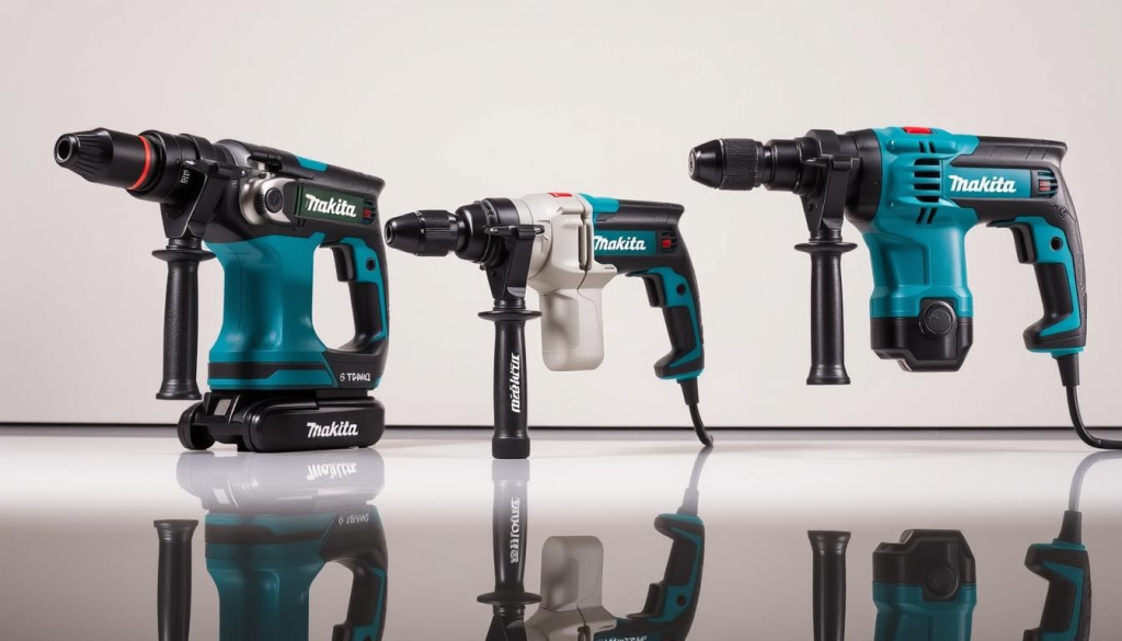 A well-lit, high-resolution comparison of three Makita hammer drills placed side-by-side on a clean, reflective surface. The drills are presented from a slightly elevated, three-quarter angle to showcase their distinct designs and features. The foreground highlights the robust, ergonomic builds of the power tools, while the middle ground emphasizes the varying chuck sizes, trigger mechanisms, and speed controls. The background maintains a neutral, minimalist tone, allowing the Makita branding and model details to stand out prominently. The overall scene conveys the durability, versatility, and attention to engineering that defines the Makita power tool line.