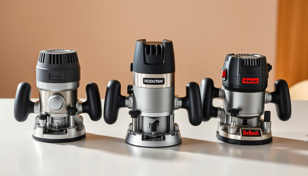 A well-lit, high-resolution comparison of three different cordless routers from leading brands, arranged on a clean, minimalist tabletop. The routers are positioned at an angle, showcasing their sleek designs and key features like battery life, power output, and precision controls. The middle router is the focus, with a slight blur on the other two to draw the eye. Soft shadows and warm lighting create a professional, yet approachable atmosphere, highlighting the quality and capabilities of the cordless routers. The image conveys the idea of making an informed decision when choosing the right cordless router for a woodworking or DIY project.