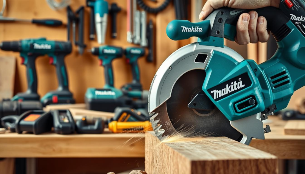 A well-lit, high-resolution, detailed image of a Makita cordless power saw in action, showcasing its precision and efficiency. The saw is placed in the foreground, with its blade slicing through a piece of wood with smooth, effortless strokes. The middle ground features various Makita power tools and accessories, creating a sense of a professional woodworking workshop. The background depicts a warm, natural lighting setup that accentuates the saw's sleek design and the quality of the craftsmanship. The overall scene conveys the power, reliability, and versatility of the Makita saw, highlighting its benefits for serious woodworkers.