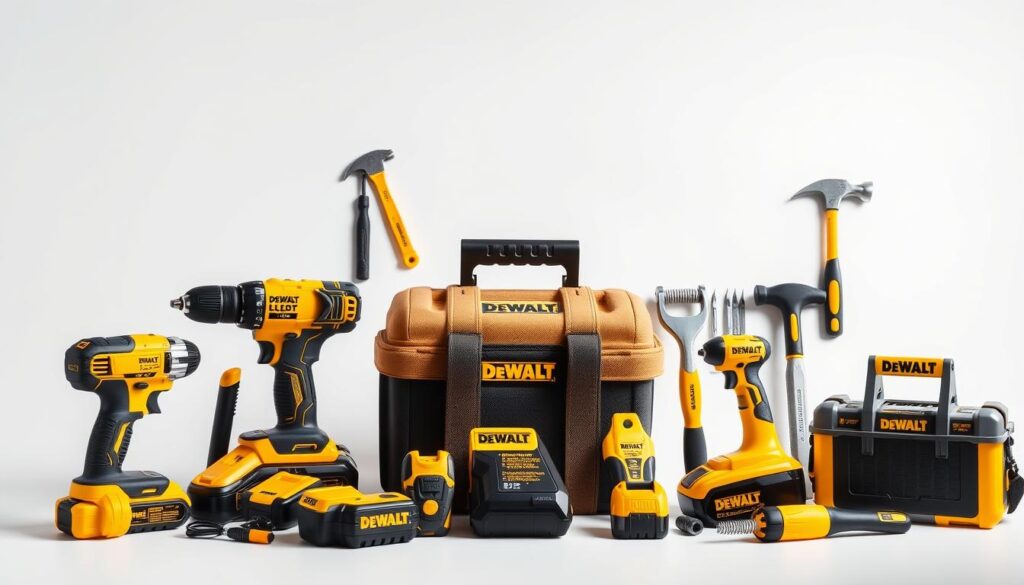 A well-lit, high-resolution image of a DEWALT Kids Tool Set displayed on a clean white background. The set includes a miniature cordless drill, a hammer, a screwdriver set, a toolbox, and various other kid-sized tools. The tools are arranged neatly, showcasing their bright yellow and black color scheme. The image captures the attention-to-detail and durability that DEWALT is known for, while also highlighting the set's suitability for young DIY enthusiasts. The lighting and camera angle emphasize the high-quality craftsmanship and design of the tools, inviting the viewer to imagine a child's excitement in using this educational and engaging tool set.