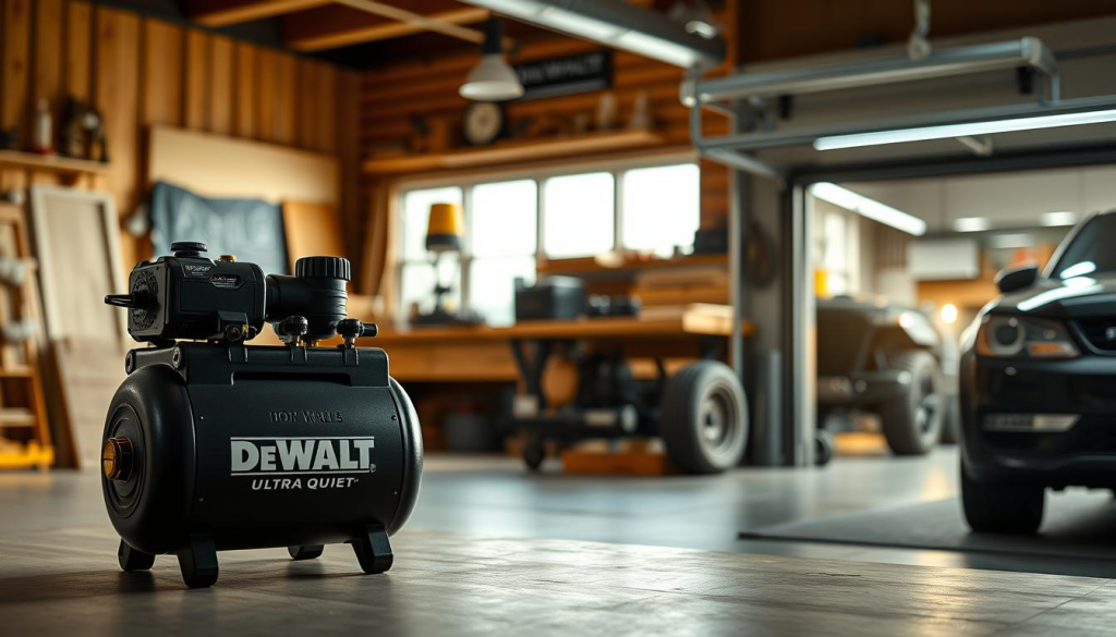 A well-lit, high-resolution image of a DEWALT Ultra Quiet air compressor in use across various DIY and professional applications. The compressor is shown in the foreground, with a soft, natural lighting that highlights its sleek, modern design. In the middle ground, the image depicts a woodworking shop, where the quiet compressor is powering a variety of pneumatic tools, such as nail guns and sanders, without disturbing the peaceful work environment. In the background, a home garage scene showcases the compressor's versatility, providing quiet, reliable air pressure for tire inflation, automotive repairs, and other household tasks. The overall mood is one of efficiency, productivity, and a harmonious blend of power and tranquility.