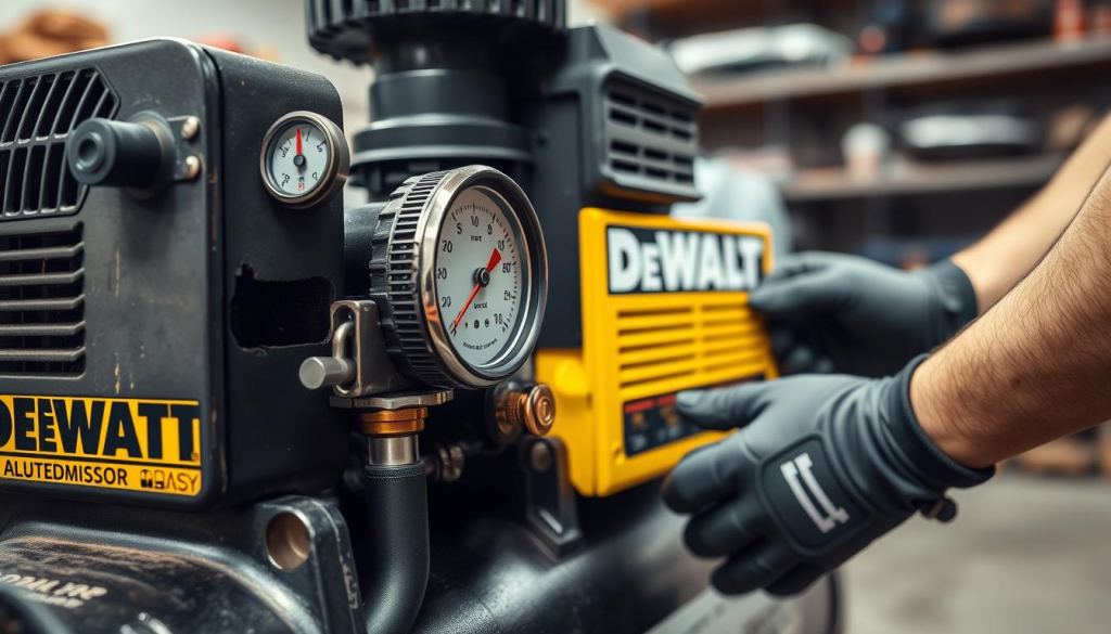 A well-lit, high-resolution image of a DEWALT air compressor undergoing maintenance, captured from a medium-range perspective. The foreground features the compressor's exposed components, including the air filter, pressure gauge, and control panel, showcasing their intricate details. The middle ground depicts a mechanic's gloved hands performing maintenance tasks, such as cleaning or replacing parts, conveying a sense of care and precision. The background subtly suggests a workshop environment, with shelves or workbenches providing context. The overall mood is one of technical expertise, with a focus on the importance of proper maintenance for DEWALT air compressors.