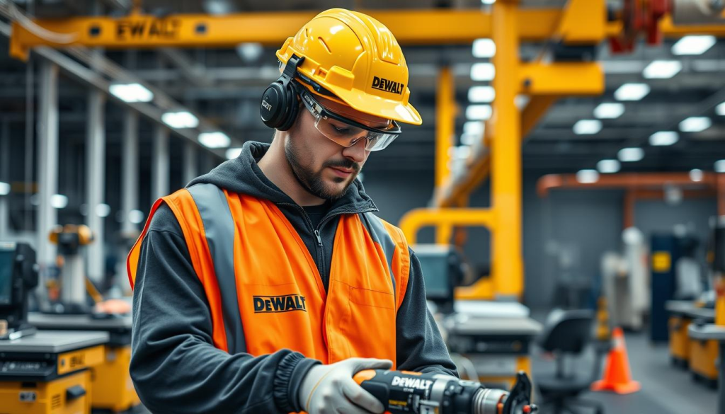 A well-lit, high-resolution image of a DEWALT construction worker engaged in a safety-focused task, wearing personal protective equipment (PPE) such as a hard hat, safety goggles, and a reflective vest. The worker is diligently using a power tool or performing a maintenance procedure, showcasing DEWALT's commitment to worker safety and the quality of their products. The scene is set against a backdrop of a modern, well-organized DEWALT manufacturing facility, with clean lines, orderly workstations, and a sense of professionalism and attention to detail. The overall mood is one of efficiency, safety, and pride in the DEWALT brand.
