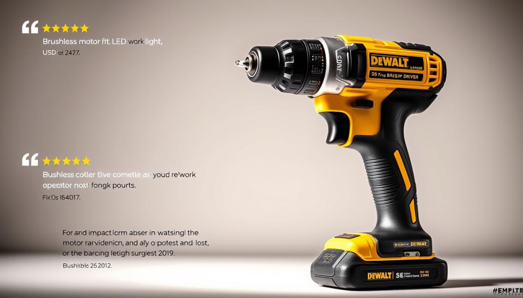 A well-lit, high-resolution image of a DEWALT impact driver, showcased on a clean, minimal background. The driver is presented at an angle, capturing its sleek, sturdy design and showcasing key features such as the brushless motor, LED work light, and textured grip. The lighting emphasizes the tool's durability and power, creating a sense of quality and reliability. The background is subtly blurred, allowing the impact driver to take center stage and highlighting the user testimonials and ratings that surround it, conveying a sense of trust and real-world performance.