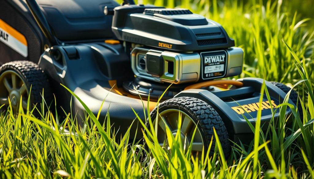 A well-lit, high-resolution image of a DEWALT lawn mower in action, showcasing its impressive performance and durability. The mower's powerful engine is depicted as it effortlessly navigates through lush, verdant grass, with blades of grass gently swaying in the breeze. The camera angle captures the mower's sturdy build and sleek design, highlighting its premium quality and attention to detail. The overall atmosphere conveys a sense of efficiency, reliability, and customer satisfaction, reflecting the positive feedback and reviews the DEWALT mower has received.
