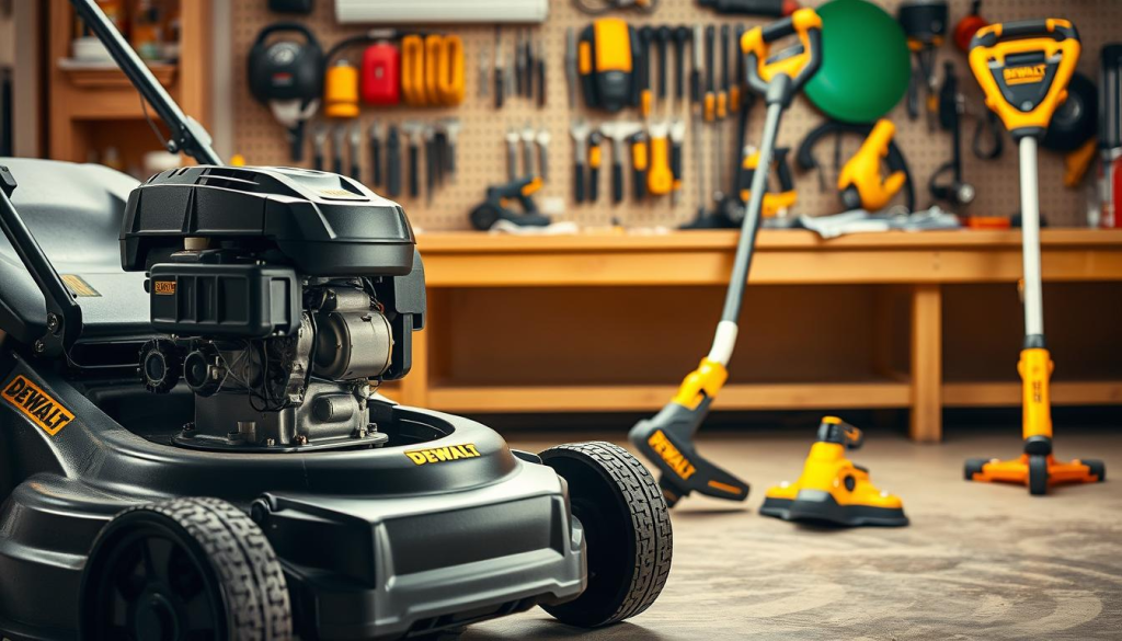 A well-lit, high-resolution image of a DEWALT yard equipment maintenance scene. In the foreground, a DEWALT lawn mower undergoes a thorough inspection, its engine exposed for cleaning and tuning. In the middle ground, a DEWALT leaf blower and trimmer stand ready, their sleek designs and vibrant yellow accents conveying power and precision. The background features a neatly organized workbench, with various DEWALT tools and accessories meticulously arranged, suggesting a dedicated workspace for maintaining the yard equipment. The lighting is warm and natural, casting a gentle glow over the scene and highlighting the attention to detail. The overall mood is one of diligence and pride in keeping DEWALT yard tools in top condition.