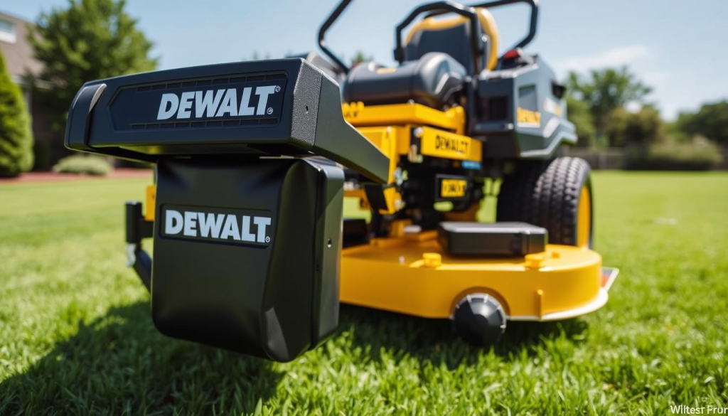 A well-lit, high-resolution image of a DEWALT zero turn bagger system, captured with a wide-angle lens. The bagger system is prominently displayed in the foreground, showcasing its sleek and durable design. The mid-ground features the zero turn mower chassis, emphasizing its power and maneuverability. The background presents a neatly manicured lawn, with vibrant green grass and a clear blue sky, conveying a sense of outdoor tranquility and the system's effectiveness in enhancing lawn care. The overall scene exudes a professional, high-quality aesthetic, suitable for illustrating the "Enhancing Your Lawn Care with Accessories" section of the article.