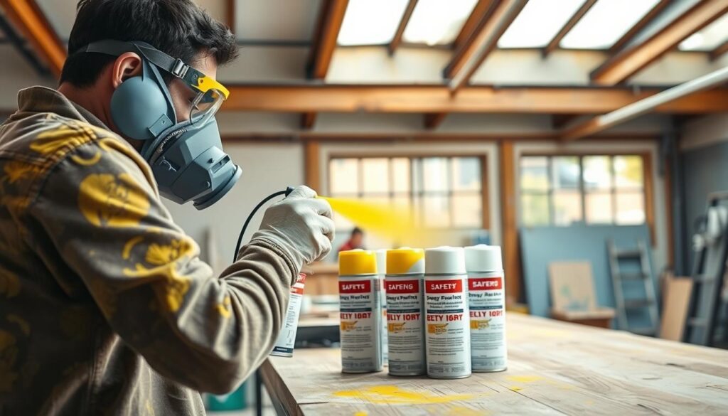 A well-lit, high-resolution image of a DIY workshop scene, capturing the essential safety precautions for using spray paint. In the foreground, a person in protective gear - goggles, gloves, and a respirator mask - carefully applying a vibrant yellow spray paint to a wooden surface. In the middle ground, various spray paint cans, labeled with safety information, are arranged neatly on a workbench. The background features an airy, well-ventilated space with large windows, allowing natural light to filter in. The overall scene conveys a sense of attention to detail, safety consciousness, and the satisfying process of DIY spray painting.