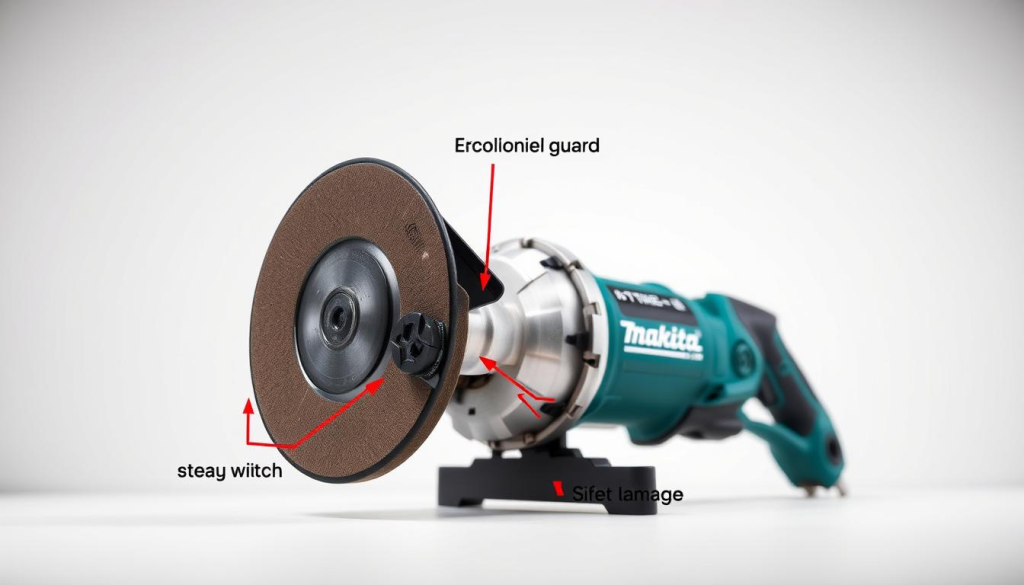 A well-lit, high-resolution image of a Makita 7-inch angle grinder, showcasing its key safety features. The grinder is positioned in the middle ground, with a clean, neutral-colored background. The foreground highlights the guard, the safety switch, and the side handle, emphasizing their functionality and ergonomic design. The image captures the durability and precision of the tool, conveying a sense of professionalism and reliability. The lighting is soft and even, creating a clear, detailed view of the grinder's components. The camera angle is slightly elevated, providing a slightly dynamic perspective that draws the viewer's attention to the safety features.