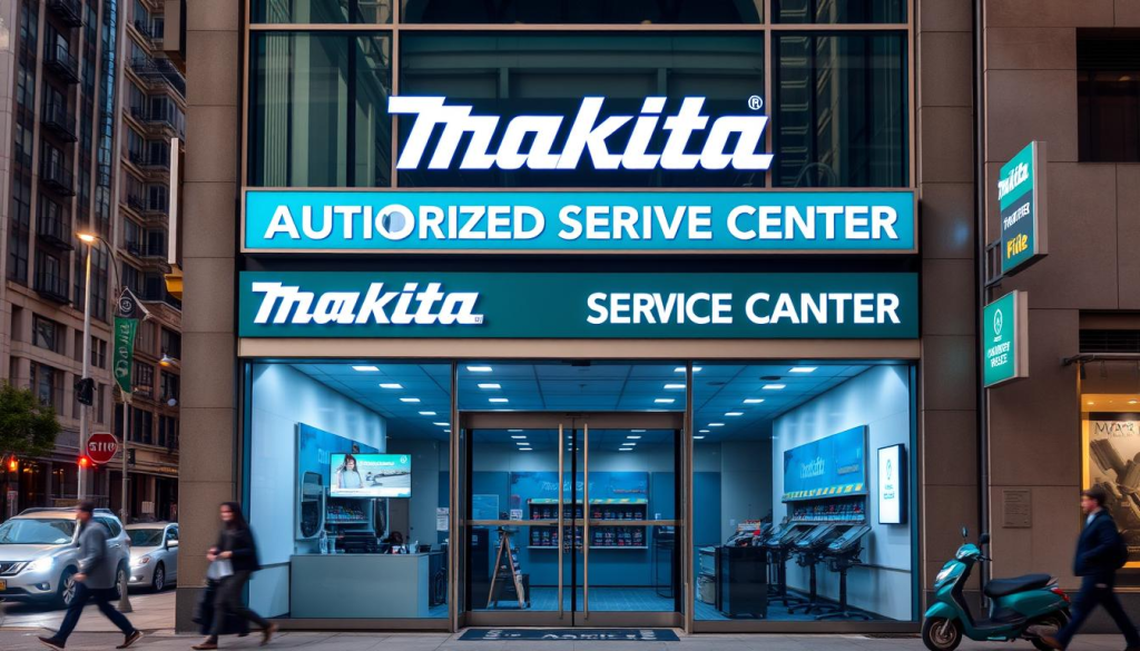 A well-lit, high-resolution image of a Makita authorized service center. The storefront is prominently displayed, with the Makita logo and branding clearly visible. The entrance is inviting, with automatic doors and a clean, modern interior visible through the large windows. The building is set against a backdrop of a bustling city street, with pedestrians and vehicles passing by. The overall mood is one of professionalism, reliability, and accessibility, reflecting the quality and dependability of Makita power tools. The image is captured from a slightly elevated angle, emphasizing the scale and prominence of the service center.