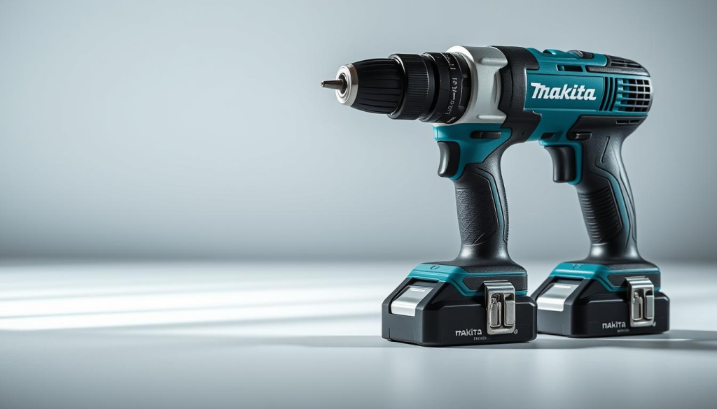 A well-lit, high-resolution image of a Makita cordless drill showcasing its key features and benefits. The drill is prominently displayed in the foreground, with a clean, minimalist background to draw the viewer's attention. The drill's ergonomic design, lightweight construction, and powerful brushless motor are highlighted through dynamic angles and close-up shots. The image conveys the drill's versatility, efficiency, and durability, capturing the essence of Makita's commitment to professional-grade power tools.