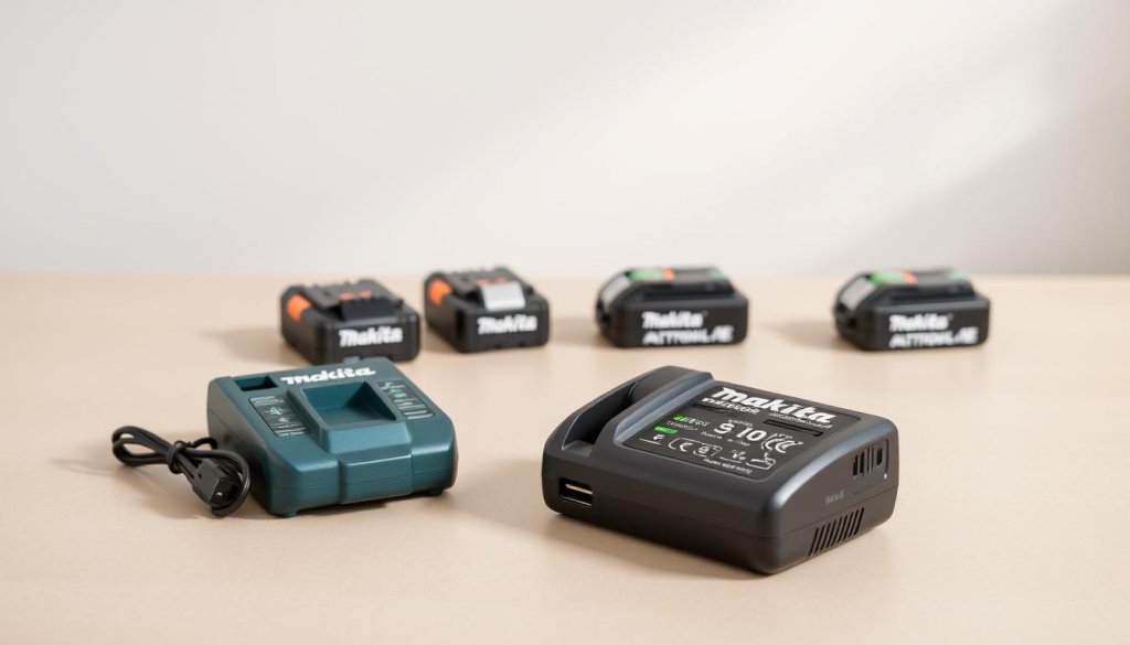 A well-lit, high-resolution image of a Makita fast charger on a clean, neutral-toned surface. The charger is displayed in the foreground, with a clear view of its control panel, ports, and status indicators. The middle ground showcases various Makita 18V battery packs, arranged neatly around the charger. The background features a softly blurred, minimalist setting, allowing the charger and batteries to be the focal point. The image conveys a sense of technical precision, reliability, and troubleshooting, reflecting the article's subject and section title.