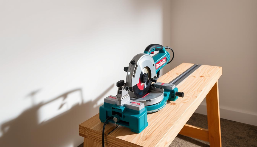 A well-lit, high-resolution image of a Makita guide rail setup, showcasing the rail and saw in a clean, professional setting. The rail is positioned on a sturdy, wood workbench, with the saw securely clamped in place, ready for precise cutting. The scene is bathed in soft, directional lighting, casting subtle shadows that highlight the tool's sleek, metallic design. The background is a simple, neutral tone, allowing the guide rail system to be the focal point. The overall composition conveys a sense of order, efficiency, and the attention to detail that the Makita system enables.