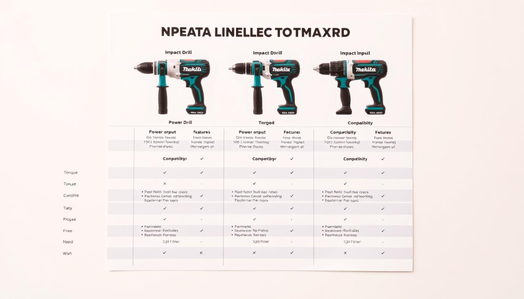 A well-lit, high-resolution image of a Makita impact drill selection guide, displayed on a clean, minimalist white background. The guide shows a side-by-side comparison of various Makita impact drill models, highlighting their key features and specifications such as power output, torque, speed, and compatibility. The image has a clean, technical aesthetic, with a focus on providing clear, detailed information to help the viewer understand the differences between the drill models and choose the right one for their DIY project needs.