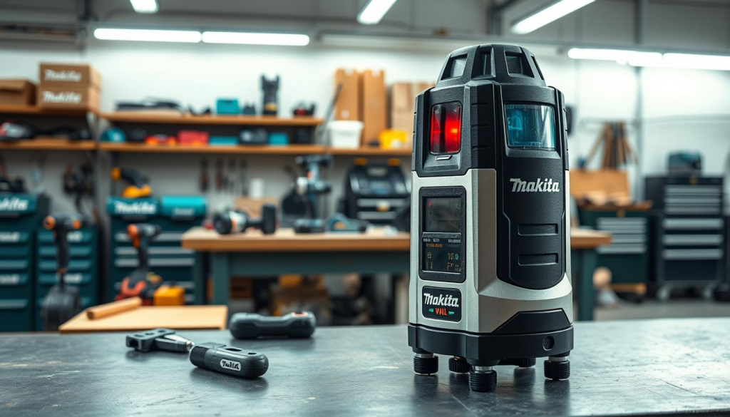A well-lit, high-resolution image of a Makita laser guide in a professional workshop setting. The laser guide is prominently displayed in the foreground, its sleek, silver metal casing and digital display panel clearly visible. The middle ground shows a variety of Makita power tools and accessories, arranged neatly on a sturdy workbench. The background features a clean, organized workspace with shelves, toolboxes, and other workshop essentials, illuminated by soft, diffused lighting. The overall mood is one of precision, functionality, and attention to detail, reflecting the high-quality nature of Makita's laser measurement tools.
