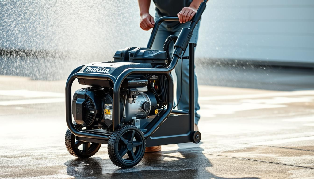 A well-lit, high-resolution image of a Makita pressure washer in use, showcasing its key benefits. The foreground depicts the pressure washer's robust construction and ergonomic design, with a worker effortlessly operating the machine. The middle ground highlights the powerful water jet, illustrating the washer's ability to tackle tough grime and stains. The background features a clean, freshly washed surface, conveying the impressive cleaning power and efficiency of the Makita pressure washer. The scene is captured with a wide-angle lens, emphasizing the scale and capabilities of the equipment. The overall mood is one of productivity, practicality, and the satisfaction of a job well done.