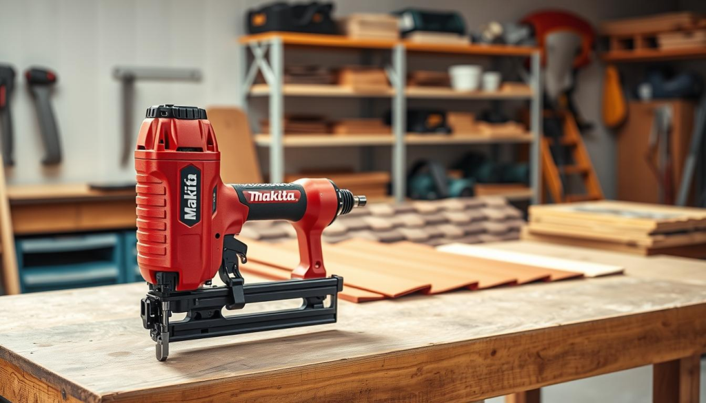 A well-lit, high-resolution image of a Makita roofing nailer setup on a sturdy workbench. The nailer is positioned prominently in the foreground, its red and black design contrasting against the clean, neutral background. The image captures the tool's ergonomic grip, adjustable depth, and clear sightline for precise nail placement. In the middle ground, various roofing materials, such as shingles and underlayment, are arranged neatly, suggesting the setup's purpose. The background features a softly blurred work area, complete with shelves of additional tools and supplies, conveying a professional, workshop-like atmosphere. The overall scene exudes a sense of efficiency, reliability, and attention to detail, reflecting the Makita brand's commitment to high-quality roofing solutions.