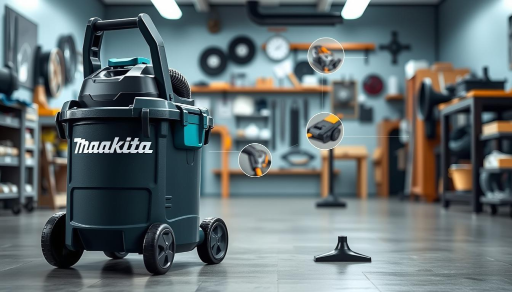 A well-lit, high-resolution image of a Makita shop vacuum cleaner featuring its key design elements. The foreground showcases the vacuum's robust construction, with a focus on its durable plastic housing, sturdy carrying handle, and large wheels for easy maneuverability. The middle ground highlights the vacuum's accessories, including a long hose, various attachments, and a powerful suction nozzle. The background subtly suggests a clean, organized workshop environment, emphasizing the versatility and efficiency of the Makita shop vac. The lighting is evenly distributed, creating a sense of clarity and attention to detail. The perspective is slightly elevated, providing a comprehensive view of the product's features and capabilities.