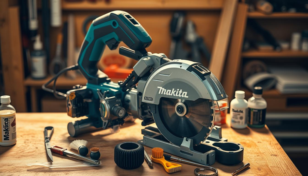 A well-lit, high-resolution image of a Makita track saw being serviced on a wooden workbench. The saw is disassembled, with various tools and maintenance items like lubricants, brushes, and spare parts arranged neatly around it. The scene is bathed in warm, directional lighting that highlights the intricate mechanics and precision engineering of the saw. The background is blurred, placing the focus squarely on the saw and the maintenance process. The overall mood is one of careful attention to detail and diligence in preserving the tool's performance and longevity.