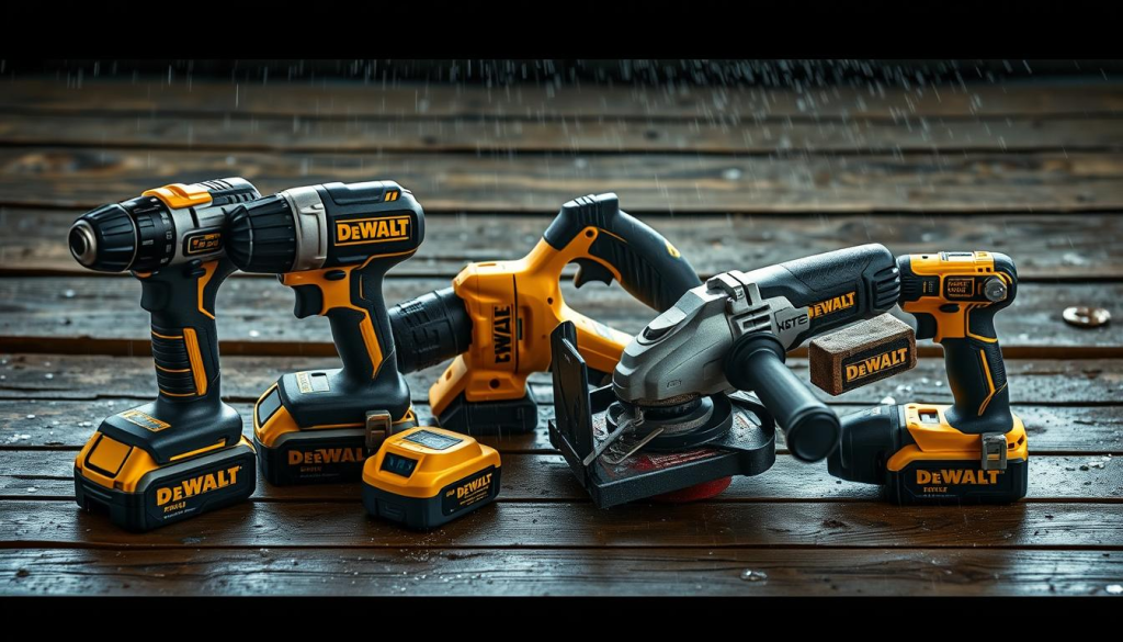 A well-lit, high-resolution image of a collection of DEWALT power tools arranged on a weathered wooden surface, with a light mist or drizzle of rain visible in the air. The tools, including a cordless drill, jigsaw, and angle grinder, are shown in a natural, documentary-style composition that highlights their robust, weatherproof design. The lighting is soft and diffused, creating a sense of calm and tranquility, and the background is slightly blurred to focus attention on the tools. The overall mood is one of confidence and reliability, suggesting that these DEWALT tools are built to withstand challenging outdoor conditions.