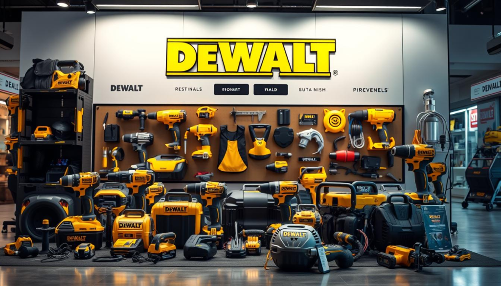 A well-lit, high-resolution image of a digital storefront featuring the DEWALT brand prominently displayed. The main focus is on a selection of DEWALT power tools, accessories, and related products arranged in an appealing, visually striking manner. The scene conveys a sense of professionalism, reliability, and attention to detail. The background showcases a clean, modern web design with subtle branding elements. The overall composition and lighting create a visually striking and enticing online shopping experience for DEWALT enthusiasts and professionals.