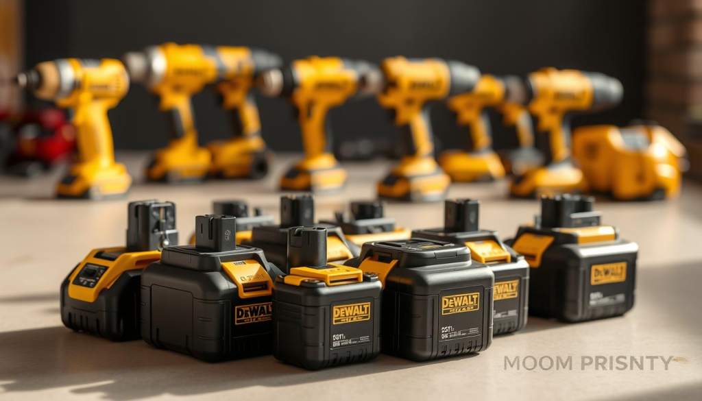A well-lit, high-resolution image of a group of DeWalt interchangeable battery packs arranged in the foreground, showcasing their distinct yellow and black design. The batteries are positioned on a clean, neutral-colored surface, with a soft, natural lighting illuminating them from the side, creating subtle shadows and highlights that accentuate their robust, industrial aesthetic. In the background, a blurred, out-of-focus representation of various DeWalt power tools, hinting at the versatility and compatibility of these batteries across the brand's product line. The overall composition conveys a sense of functionality, reliability, and the seamless integration of DeWalt's interchangeable battery system.
