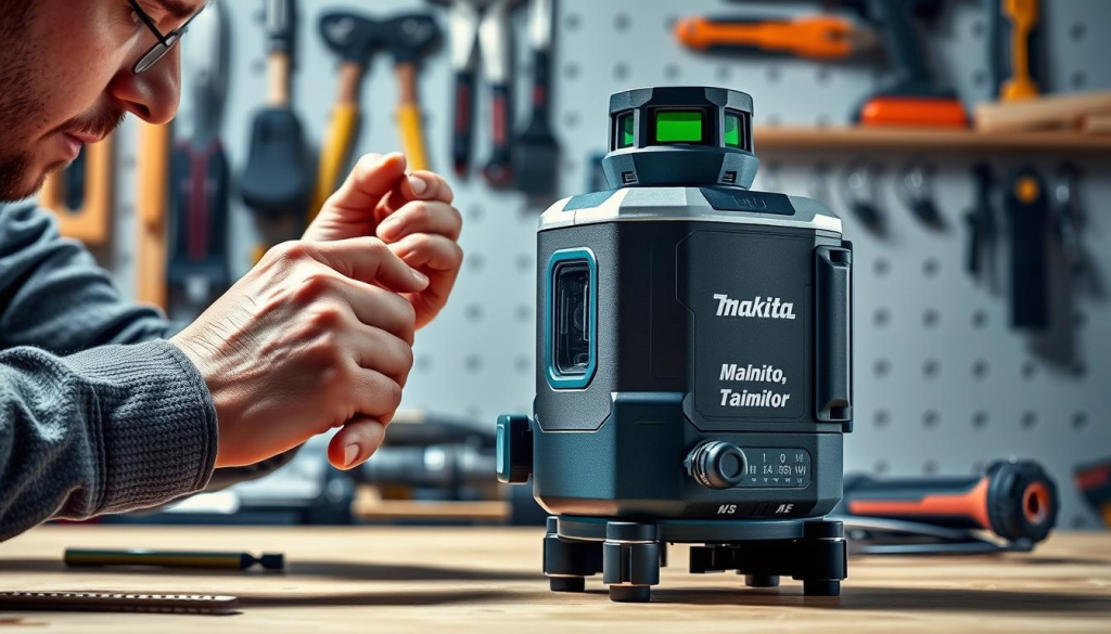 A well-lit, high-resolution image of a person carefully maintaining a Makita laser level. The foreground shows the person's hands delicately adjusting the level's controls and components, with a focused expression on their face. The middle ground depicts the laser level itself, its sleek design and sturdy construction prominently displayed. The background showcases a clean, organized workbench or workshop setting, with tools and materials neatly arranged, conveying a sense of precision and attention to detail. The lighting is soft and directional, creating subtle shadows and highlights that accentuate the laser level's features. The overall mood is one of professionalism, care, and the importance of proper maintenance for this essential DIY tool.