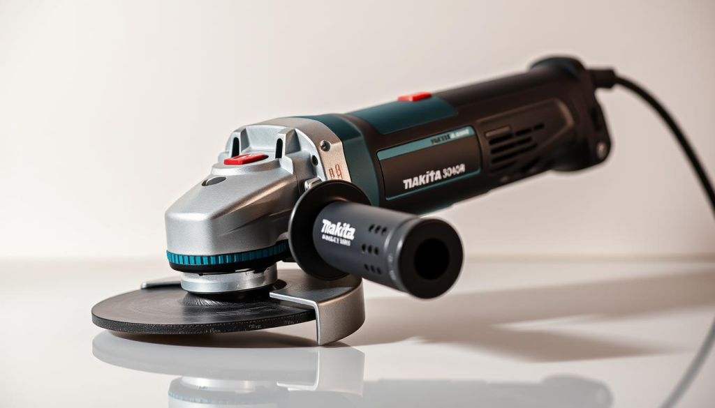 A well-lit, high-resolution image of a top-rated Makita angle grinder, displayed on a clean, reflective surface. The grinder should be positioned at a slight angle, showcasing its sleek design and sturdy construction. Capture intricate details such as the metal casing, safety guard, and the ergonomic grip. Ensure the image has a sense of depth and balance, with a soft, uniform background that complements the subject matter. Convey a professional, industrial atmosphere that highlights the tool's quality and reliability, aligning with the article's focus on a "Reliable Makita Angle Grinder."
