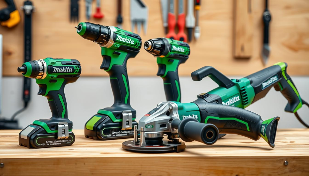A well-lit, high-resolution image of an array of Makita power tools neatly arranged on a clean, wooden workbench. The tools include a drill, impact driver, angle grinder, and reciprocating saw, all showcasing Makita's signature bright green and black color scheme. The tools appear sturdy and robust, conveying a sense of reliability and durability. The scene is captured from a slightly elevated angle, allowing the viewer to appreciate the thoughtful layout and the premium quality of the Makita hand tools. The lighting is soft and diffused, creating a professional, product-focused atmosphere. The background is blurred, keeping the focus on the Makita tools and their key benefits.