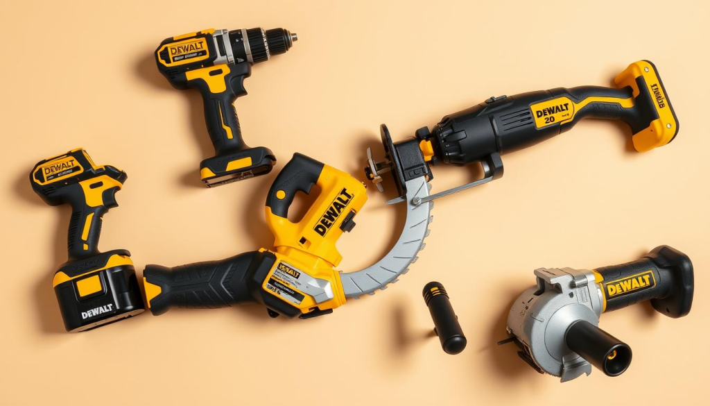 A well-lit, high-resolution image of an assortment of DEWALT power tools arranged on a clean, neutral-toned background. The tools include a cordless drill, a circular saw, a reciprocating saw, and a grinder, all showcasing DEWALT's signature black and yellow color scheme. The tools are positioned to highlight their ergonomic designs and various features, conveying a sense of power, precision, and professional-grade quality. The lighting creates soft shadows and highlights the tools' metallic and plastic components, adding depth and texture to the scene. The overall composition is balanced and visually appealing, emphasizing the versatility and reliability of DEWALT's product line.