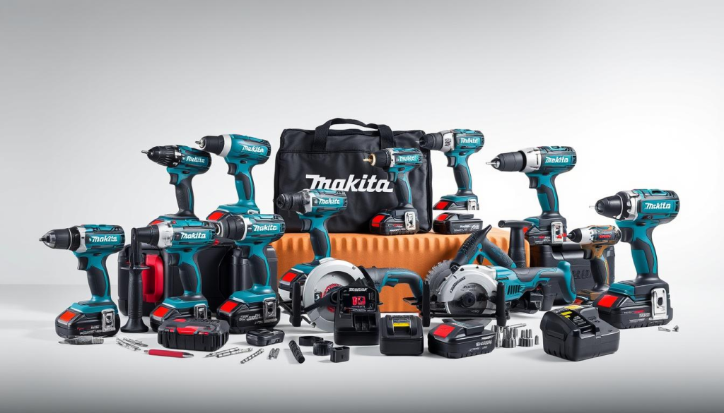 A well-lit, high-resolution image of an assortment of Makita power tools arranged in a visually appealing and organized manner. The foreground features a diverse selection of Makita's signature cordless power tools, including a drill, impact driver, circular saw, and angle grinder, all showcased against a clean, minimalist background. The middle ground showcases a selection of Makita accessories, such as drill bits, saw blades, and battery packs, while the background provides a sense of depth and context, perhaps with a subtle Makita logo or branding element. The overall composition exudes a professional, modern, and high-quality aesthetic, capturing the essence of Makita's renowned reputation for durable and reliable power tools.