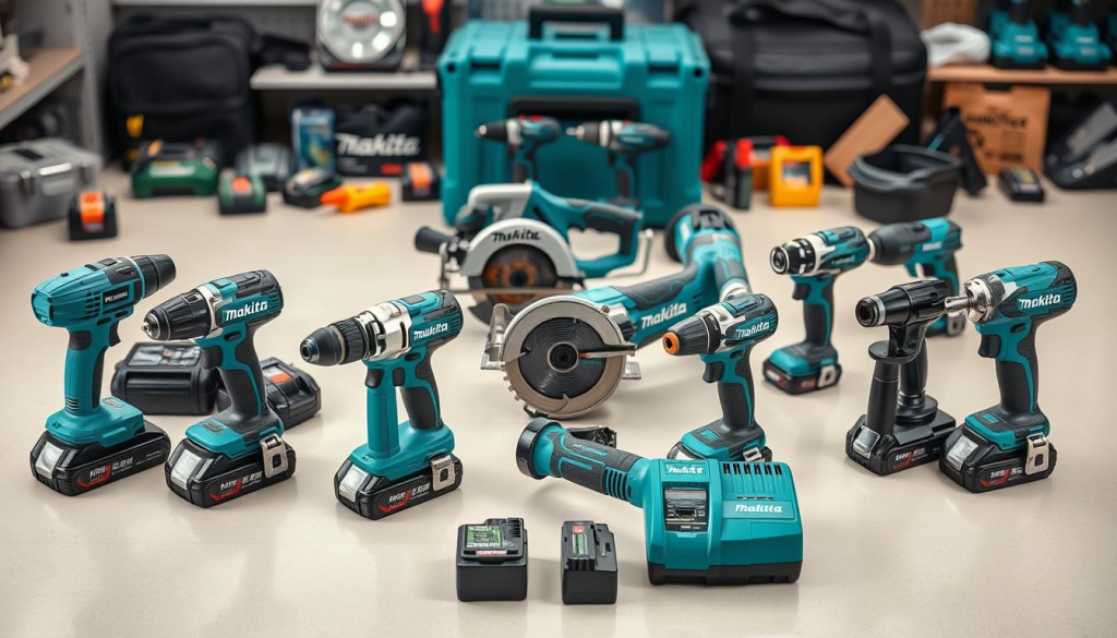 A well-lit, high-resolution image of an assortment of Makita power tools arranged on a clean, reflective surface. In the foreground, a cordless drill, impact driver, and angle grinder stand out with their distinctive teal-green casings. In the middle ground, a compact circular saw, reciprocating saw, and rotary hammer drill showcase Makita's breadth of professional-grade power tools. The background features a selection of accessories like batteries, chargers, and tool cases, emphasizing the comprehensive Makita power tool ecosystem. The scene is captured with a shallow depth of field, drawing the viewer's attention to the key features of this premium DIY power tool set.