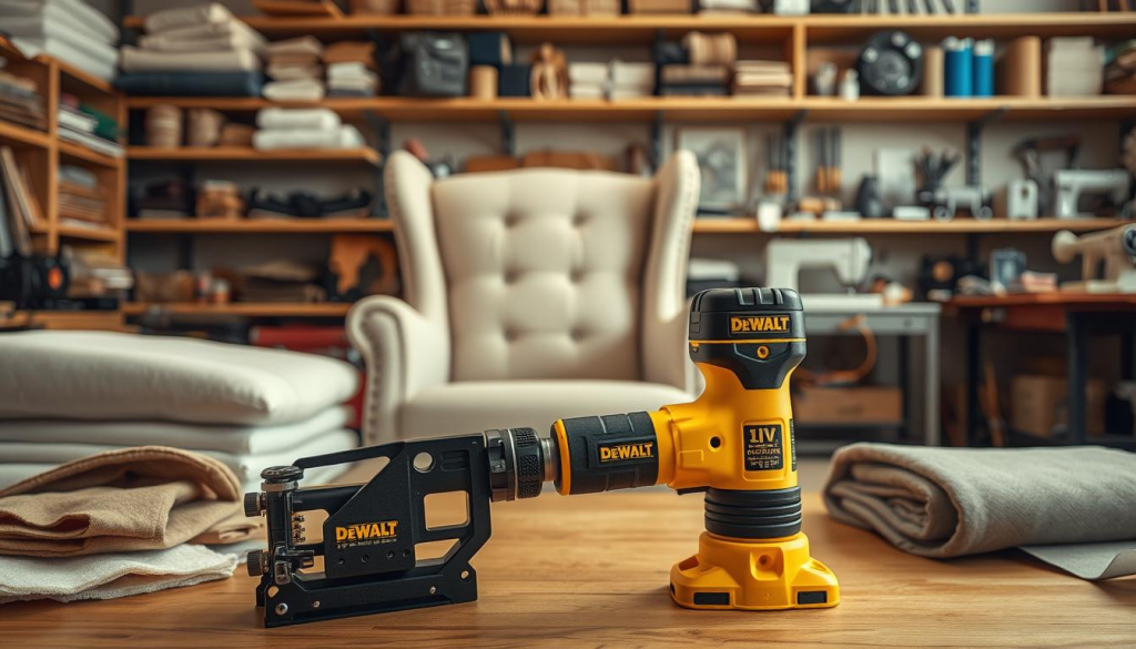 A well-lit, high-resolution image of an upholstery workshop showcasing a variety of DIY upholstery projects. In the foreground, a Dewalt 5-in-1 Multi Tacker is prominently displayed, surrounded by various upholstery materials like fabric, foam, and batting. In the middle ground, a partially upholstered chair frame and a roll of fabric are visible, highlighting the versatility of the Dewalt tacker. The background features neatly organized shelves stocked with upholstery tools, sewing machines, and other DIY essentials, conveying a sense of a well-equipped, professional workspace. The lighting is warm and natural, creating a inviting, hands-on atmosphere suitable for a practical DIY project tutorial.
