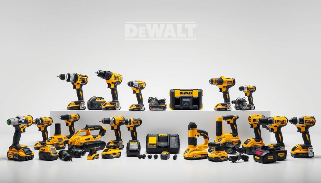 A well-lit, high-resolution image of the DEWALT 20V product range. The foreground features a diverse array of DEWALT 20V power tools, including drills, saws, impact wrenches, and sanders, all arranged in a visually appealing layout. The middle ground showcases the DEWALT 20V batteries and chargers, highlighting the modular and interchangeable nature of the system. In the background, a clean, minimalist setting with a subtle DEWALT logo or branding, conveying a sense of quality, durability, and professional-grade performance. The overall composition should be balanced, with a focus on showcasing the breadth and capability of the DEWALT 20V product line.