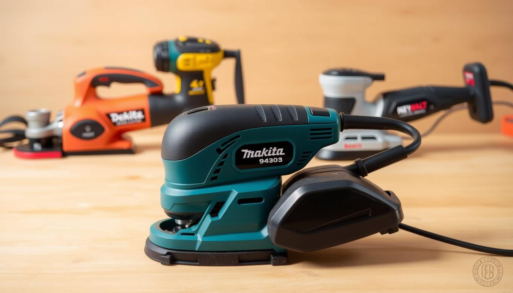A well-lit, high-resolution image of the Makita 9403 belt sander placed prominently in the foreground, with two other popular orbital sanders, such as the DeWalt DWE6423 and the Bosch ROS20VSC, arranged in a comparative layout behind it. The Makita 9403 should be displayed in vivid detail, showcasing its distinctive features, such as the 4-inch wide belt, variable speed control, and ergonomic grip. The other sanders should be shown in a slightly softer focus to draw attention to the primary subject. The background should be a clean, neutral workspace setting, such as a workbench or workshop, to provide context without distracting from the main focus. The overall composition should convey a sense of careful product comparison and evaluation.