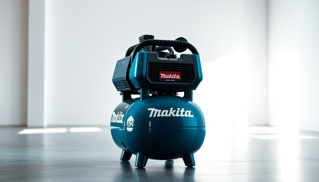 A well-lit, high-resolution image of the Makita MAC2400 portable air compressor, showcased in a clean, modern setting. The compressor is positioned prominently in the center of the frame, its sleek blue and black design standing out against a neutral background. The lighting is soft and diffused, creating an almost studio-like atmosphere that highlights the product's features and build quality. The perspective is slightly elevated, allowing the viewer to appreciate the compressor's robust construction and attention to detail. The image conveys a sense of reliability, durability, and overall customer satisfaction with this Makita product.