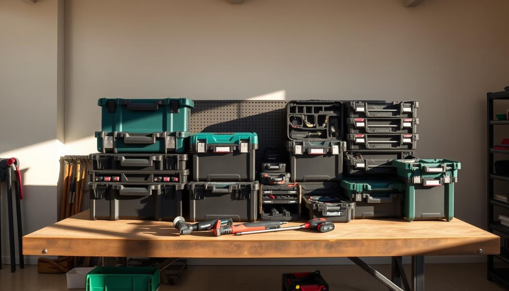 A well-lit, high-resolution image of the Makita Packout tool storage system in a modern, minimalist workshop setting. The Packout modules are neatly arranged on a sturdy workbench, showcasing their modular design and robust construction. The lighting casts warm, natural shadows, highlighting the sleek lines and durable plastic/metal materials. The composition emphasizes the system's versatility, with a variety of tool cases and organizational trays visible. The background is a clean, uncluttered space, allowing the Packout system to be the focal point. The overall mood is professional, practical, and visually appealing, reflecting the high-quality craftsmanship of the Makita brand.