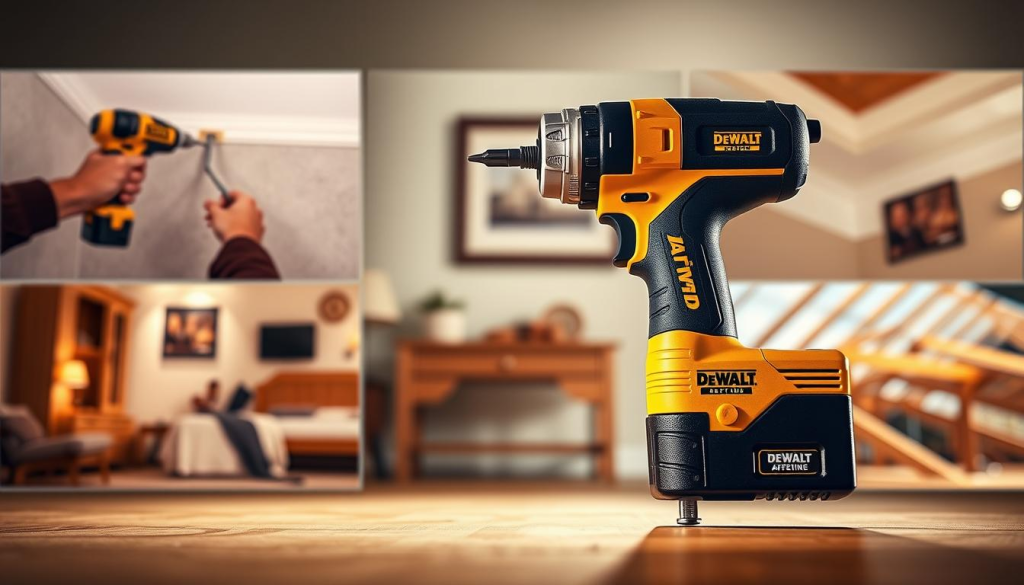 A well-lit, high-resolution image of various Dewalt Quick Drive applications, including screwing in drywall panels, installing baseboards, assembling furniture, and securing roof trusses. The scene showcases the tool's versatility, with a clean, modern aesthetic. The foreground features the Quick Drive tool in action, with a subtle depth of field blurring the background. The middle ground displays the range of fastening tasks, while the background subtly hints at different project settings, such as a home interior and a construction site. Warm, directional lighting emphasizes the tool's sleek design and precision, creating a sense of professionalism and efficiency.