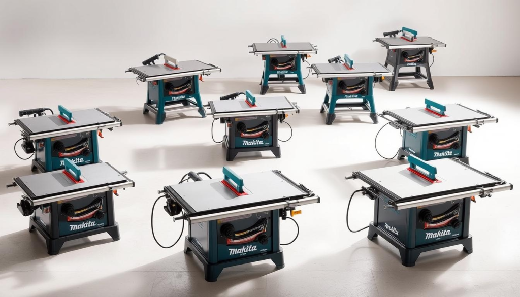 A well-lit, high-resolution image of various types of Makita table saws arranged in a visually appealing composition. The foreground showcases the distinct models, highlighting their unique features and designs. The middle ground displays the table saws in action, demonstrating their versatility and power. The background sets the scene with a clean, neutral environment, allowing the table saws to take center stage. The lighting is soft and natural, emphasizing the sleek, modern aesthetics of the Makita brand. The camera angle is slightly elevated, providing a comprehensive view of the different table saw options, creating a sense of authority and expertise.