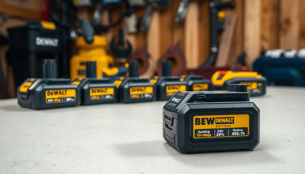 A well-lit, high-resolution image showcasing a comparison of Dewalt 20V battery costs. The foreground features several Dewalt 20V battery packs of varying capacities, arranged neatly on a clean, neutral-toned surface. The middle ground highlights the distinct differences in price and runtime between the battery models. The background subtly suggests a workshop or tool shed setting, conveying the practical, utilitarian nature of the subject matter. The lighting is soft and diffused, creating a sense of clarity and attention to detail. The overall mood is informative and visually appealing, suitable for illustrating a section on warranty and return policies in an article about Dewalt 20V battery costs.